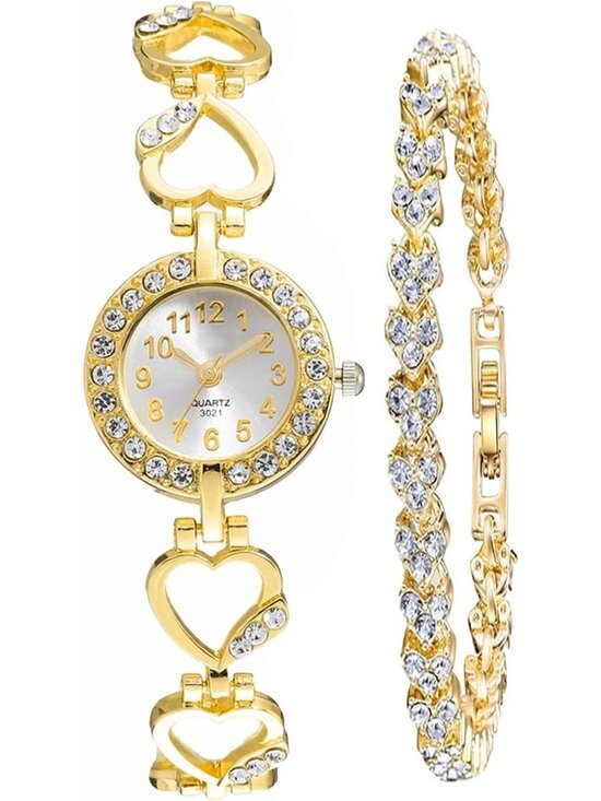 Accessories - Women's Gold Stylish Hollow Stainless Steel Strap Luxury Diamond Bracelet Watch